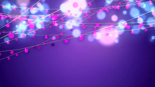 A merry 3d illustration of Christmas string garlands from pink bulbs and blurred celeste and yellow balls in the violet background. They dazzle happily shaping the mood of joy and holiday.