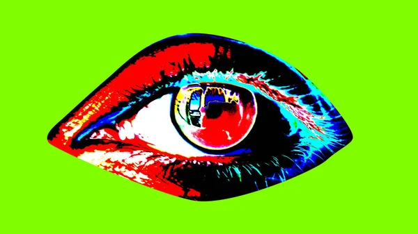 A pop art 3d illustration of a human female eye with black pupil, colorful iris and shimmering retina in the multicolored background changing its bright colors every second. It looks impressive.