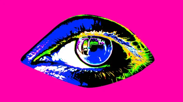 A popular art 3d illustration of a human female eye with black pupil, colorful iris and sparkling blue retina in the rozy background. It looks arty, optimistic and festive.