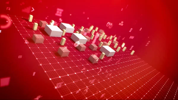 A computer graphics 3d illustration of a bar chart and pc signs including angle bracket, number, dollar and percent placed on the grid in the red background. The white columns go up.