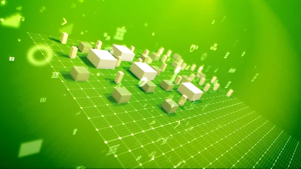 A cheerful 3d illustration of a bar chart with shooting up cubic columns meaning revenue in the green backdrop placed diagonally with flying dots, key holes, angles and other computer signs.