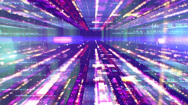 A hi-tech 3d illustration of a sparkling multicolored space structure resembling some time portal for high speed spaceships presented in a multidimensional way in the violet background.