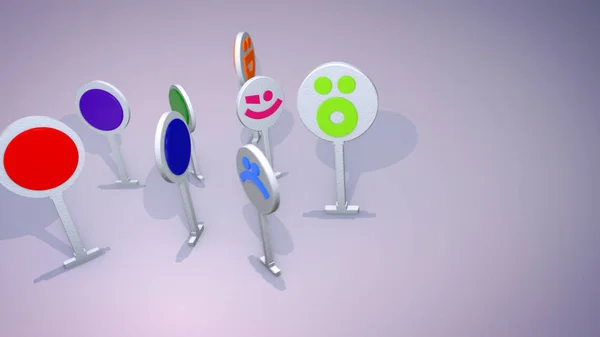 A childish 3d illustration of smiling icon figures standing in a circle and entertaining together happily. They have bright blue, orange and green computer symbols on their faces and look funny.