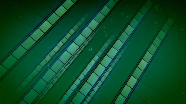 An arty 3d illustration of salad straight film tapes put askew moving forward in the dark green background. They generate the feeling of high art, optimism and cheerfulness