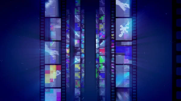 3d illustration of vertical film tapes dazzling brilliantly with hilarious and colorful pictures, funny creatures, crisscross lines and other forms in the dark blue background. They look funny.