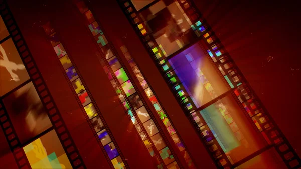 A stunning 3d illustration of diagonal film tapes beaming like mirrors with colorful reflections of various figures changing each other. They advance in the bright brown background.