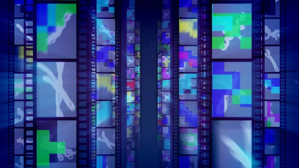 3d illustration of vertical film tapes dazzling brilliantly with hilarious and colorful pictures, mazes, zigzag lines and other forms in the dark blue background. They look in a festive way.