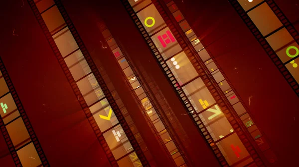 A noteworthy 3d illustration of film tapes inclined to the left with shining pictures of colorful spots, bricks, brackets, arrows in the bright brown background. They look showy and lucky.