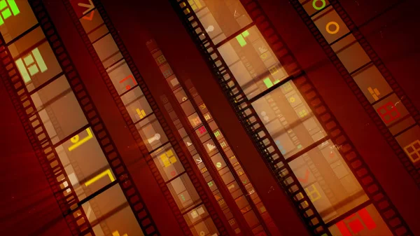 3d illustration of slanting film tape rows shining brightly, being full of colorful staircases, circles, bricks, and other figures in the dark brown background. They look funny and successful.