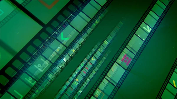 A wonderful 3d illustration of inclined film tapes with red, violet, orange and white keyholes, windows, squares, arrows and other figures in the green background. They are optimistic and cheery.