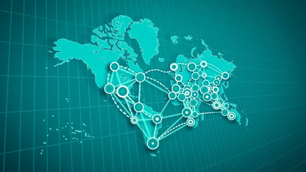 A graphic 3d illustration of an abstract world map linking big cities, marked with small rounds, with moving and broken white lines placed on rectangular grid in the jungle green background.