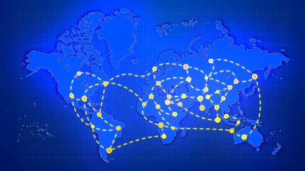 A showy 3d illustration of an abstract world map linking big yellow cities, marked with sparkling rounds, with moving white lines placed on rectangular grid in the dark blue background.