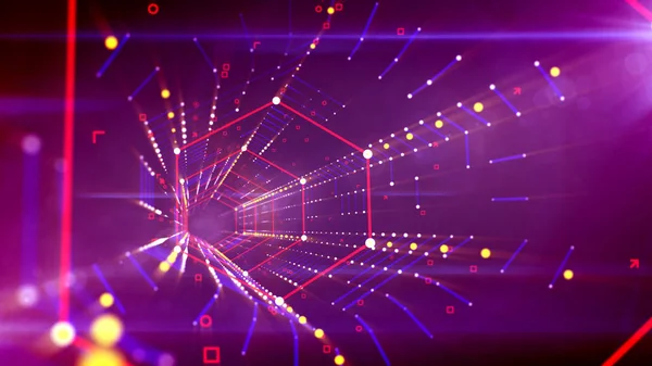 A striking 3d illustration of a dazzling hexagonal neon tube put in the bright violet cyberspace with hazy red, blue and golden lines of squares and spots united in one technological grid system.