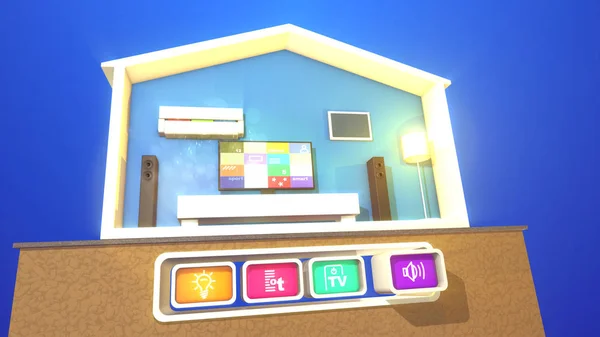 A cheerful 3d illustration of a turned on smart home section with a working plasma TV with bright pictures, large speakers,  lit floor lamp, modern bed, air conditioner  and four icons.