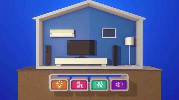 A cheerful 3d illustration of a symmetric smart home section with a plasma TV, big rectangular speakers,  floor lamp, white wooden bed, air conditioner and four buttons with toy looking symbols.