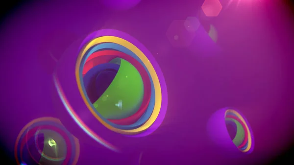 A childish 3d illustration of nested camera objectives of rainbow colors placed in a large sphere with shutters in the violet background. They shape the spirit of joy, fest and fun.