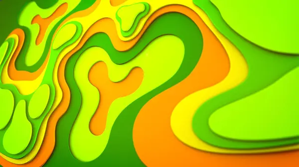 Cheerful 3d illustration of wavy yellow, salad and orange plastic splotches and spots moving aslant in an optimistic way. They form the spirit of celebration, joy and rainbow.