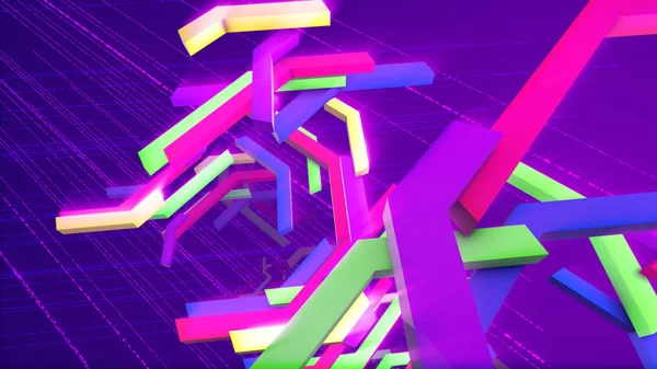 Cheerful 3d illustration of flying multicolored technical bars having interlaced and crisscross shapes in the dark violet background with a hexagonal network. They look festive and artistic.