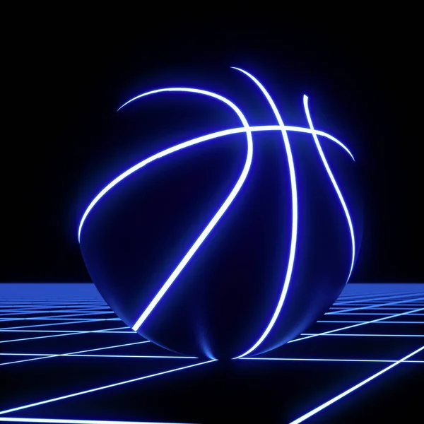 Representación 3D de la pelota de baloncesto de neón azul sobre fondo negro — Foto de Stock
