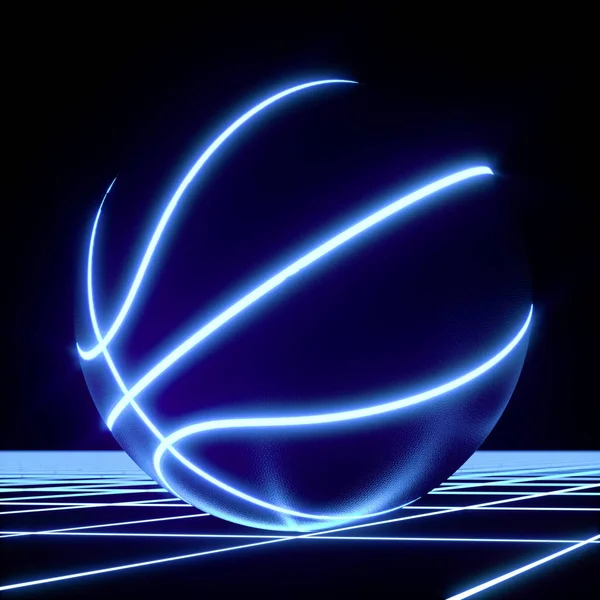 3D візуалізація блакитного неонового баскетбольного м'яча на чорному тлі — стокове фото