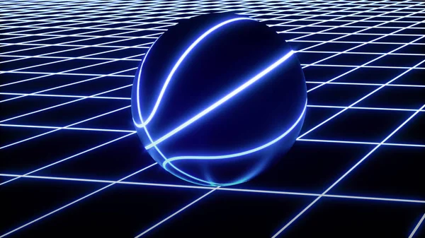 3D rendering of blue neon basketball ball on black background