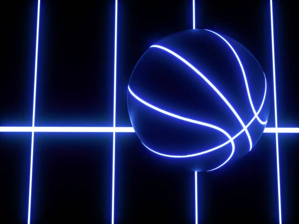 Siyah arka plan üzerinde mavi neon basketbol topu 3d render