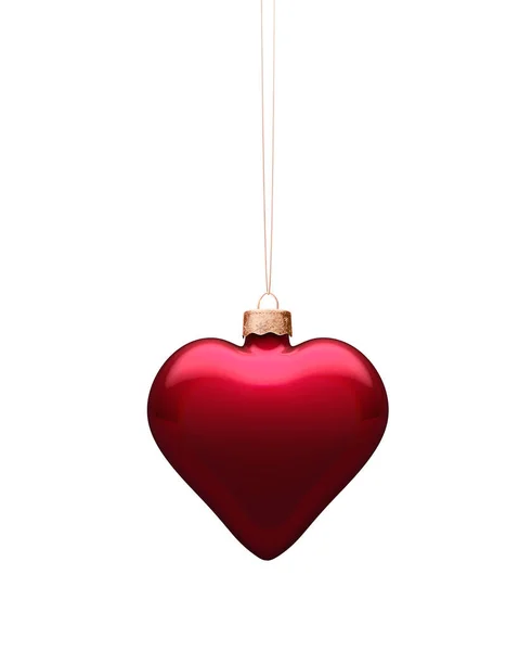 Glossy Burgundy Red Heart Christmas Ornament Bauble Hanging Golden Cord — Stock Photo, Image