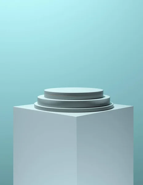 Boş, yuvarlak, açık mavi kaideyi alçak açıyla görmek. Pastel Cyan ürün podyumu. Üç boyutlu gölgeli, yukarıdan gelen ışık. Açık mavi arkaplan.