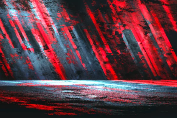 Abstract sport background concept with blurred diagonal blue and red lines in the dark, with colored light on the floor