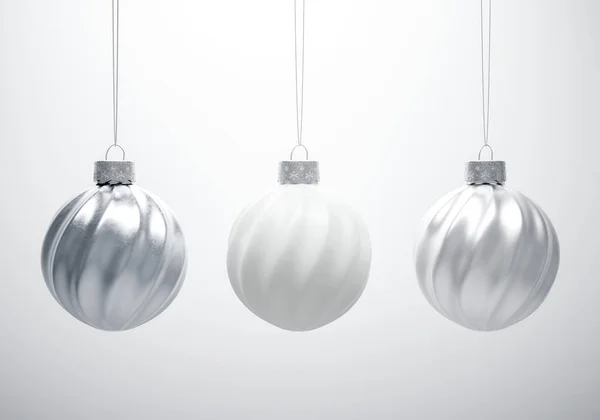 Bolas Navidad Rayas Retorcidas Texturizadas Metal Blanco Plata Sobre Fondo —  Fotos de Stock