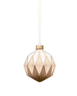 Modern geometrik desenli özel asılı bej Noel topu. Beyaz arka planda izole edilmiş. Noel dekorasyonu, neşeli atmosfer konsepti.