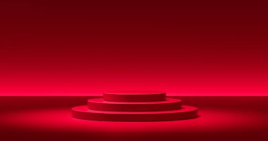 Noel ürünü sunumu için boş kırmızı podyum. Stüdyo zeminine yerleştirilmiş yuvarlak renk kaidesi. Üç boyutlu gölgeli, yukarıdan gelen ışık. Arka planda kırmızı renk gradyanı.