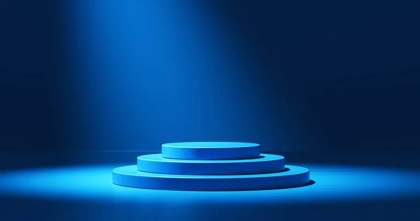 Ürün sunumu için boş mavi podyum. Stüdyo zeminine yerleştirilmiş yuvarlak renk kaidesi. Üç boyutlu gölgeli, yukarıdan gelen ışık. arkaplanda mavi renk gradyanı.