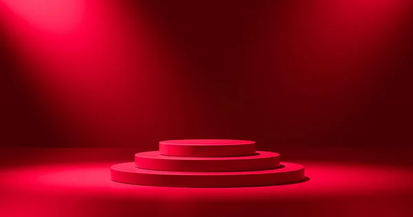 Ürün sunumu için boş kırmızı podyum. Stüdyo zeminine yerleştirilmiş yuvarlak renk kaidesi. Üç boyutlu gölgeli, yukarıdan gelen ışık. Arka planda kırmızı renk gradyanı.