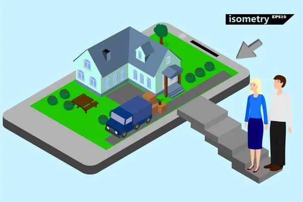 Сім Вибирає Будинок Онлайн Через Інтернет Isometry Вектор — стоковий вектор