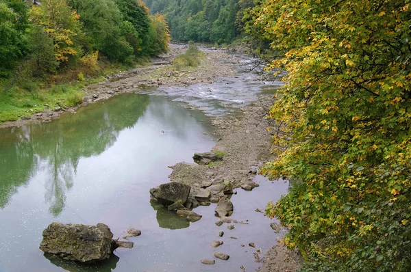 Bank Van Rivier Proet Karpaten Bewolkte Herfstdag — Stockfoto