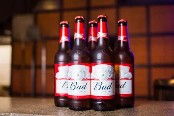 Kiev.Ukraine-03 Ağustos, 2018: Ürün atış Budweiser bira şişeleri Restoran tablo