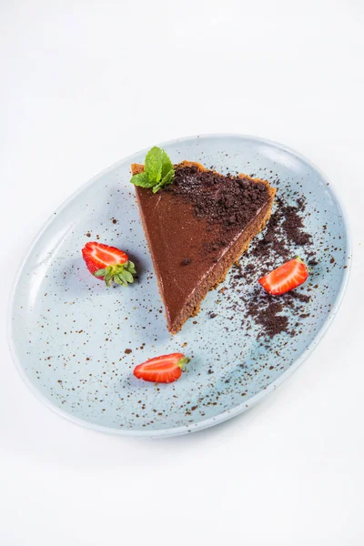 Chocolate Fresh Cake Strawberry Mint Isolated White — Stock Photo, Image