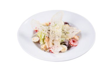 tavuk eti, yumurta ve beyaz tabak sebze salatası