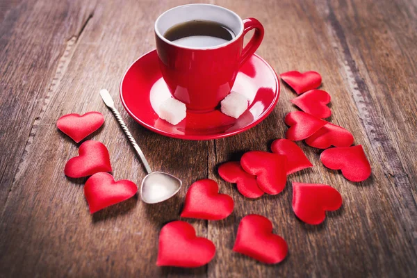 Morgon Frukost För Alla Hjärtans Dag Kopp Kaffe Och Röda — Stockfoto