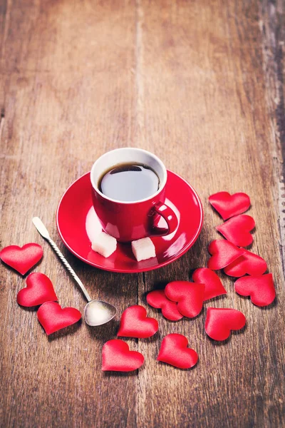 Morgon Frukost För Alla Hjärtans Dag Kopp Kaffe Och Röda — Stockfoto