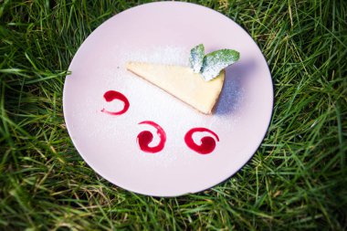 bir cheesecake ile çanak üzerinde taze yeşil nane dışarıda