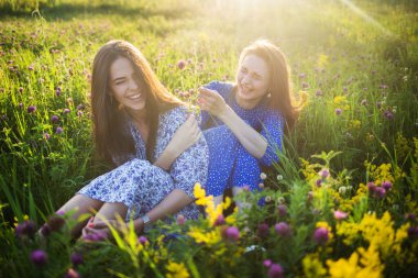 İki genç Avrupalı güzel kız kır çiçekleriyle dolu bir arazide