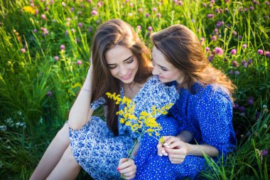 İki genç Avrupalı güzel kız kır çiçekleriyle dolu bir arazide
