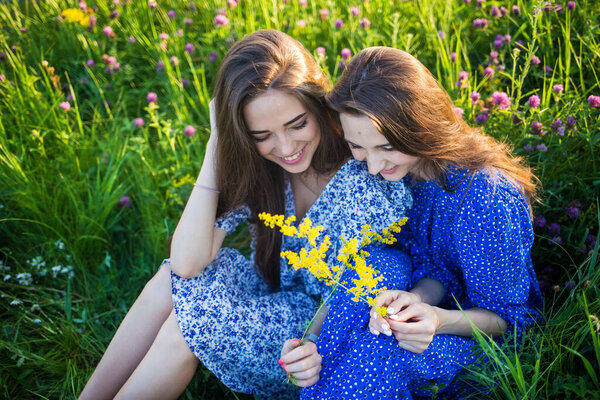 two young european beautiful girls in a field of wildflowers