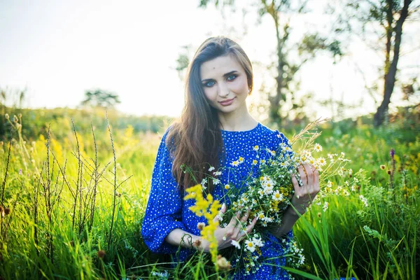 Retrato Uma Bela Jovem Vestido Azul Livre Campo — Fotografia de Stock