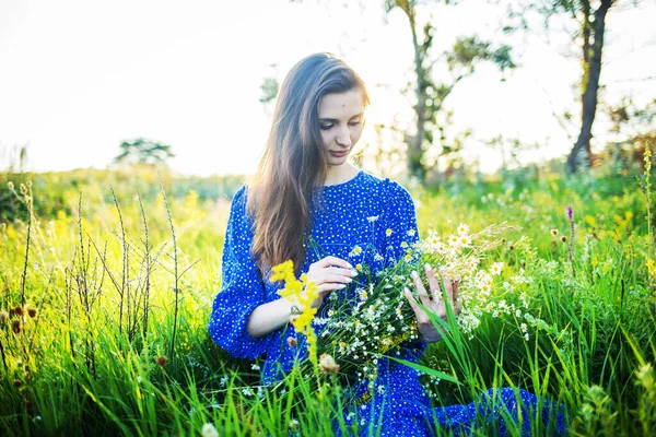 Portrait Une Belle Jeune Fille Robe Bleue Extérieur Sur Terrain — Photo