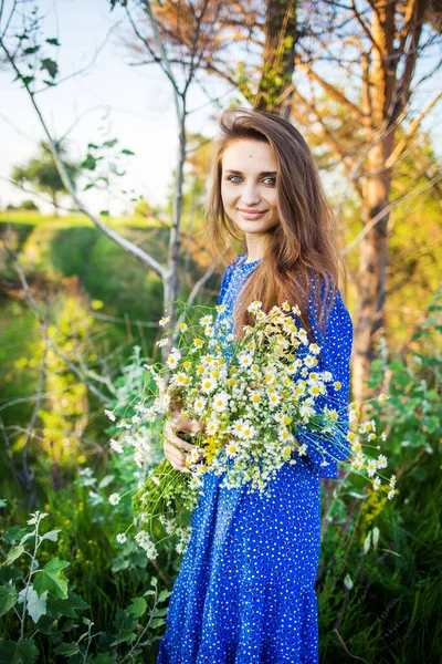 Retrato Uma Bela Jovem Vestido Azul Livre Campo — Fotografia de Stock