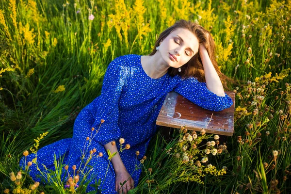Portrét Krásné Mladé Dívky Modrých Šatech Venku Terénu — Stock fotografie