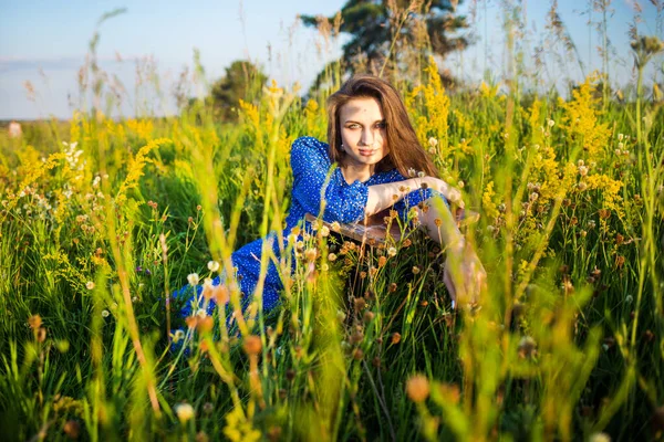 Portrét Krásné Mladé Dívky Modrých Šatech Venku Terénu — Stock fotografie